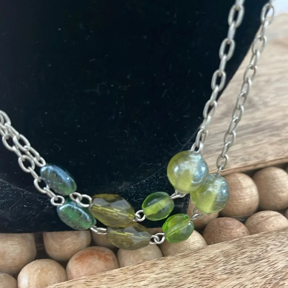 Beaded long necklace glass green silver link chain boho casual - Picture 6 of 11